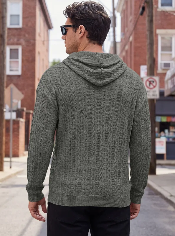 Men Thin Cable Knit Hooded Sweatshirt Drawstring Hood Kangaroo Pocket Long Sleeve Loose Casual Pullover Autumn Daily Street Tops