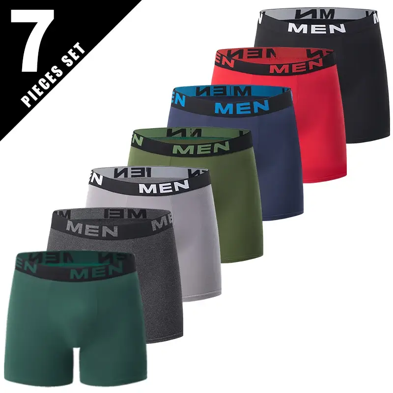 Bộ 7 món Đồ lót nam dài màu trơn bốn mùa, Đồ lót thể thao thời trang, Quần góc phẳng cỡ lớn