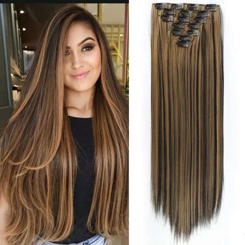 7 Clips In Hair Extensions Long Straight Hairstyle Pink 60CM Natural Synthetic Hair Daily Use Hairpiece For Women — image 15