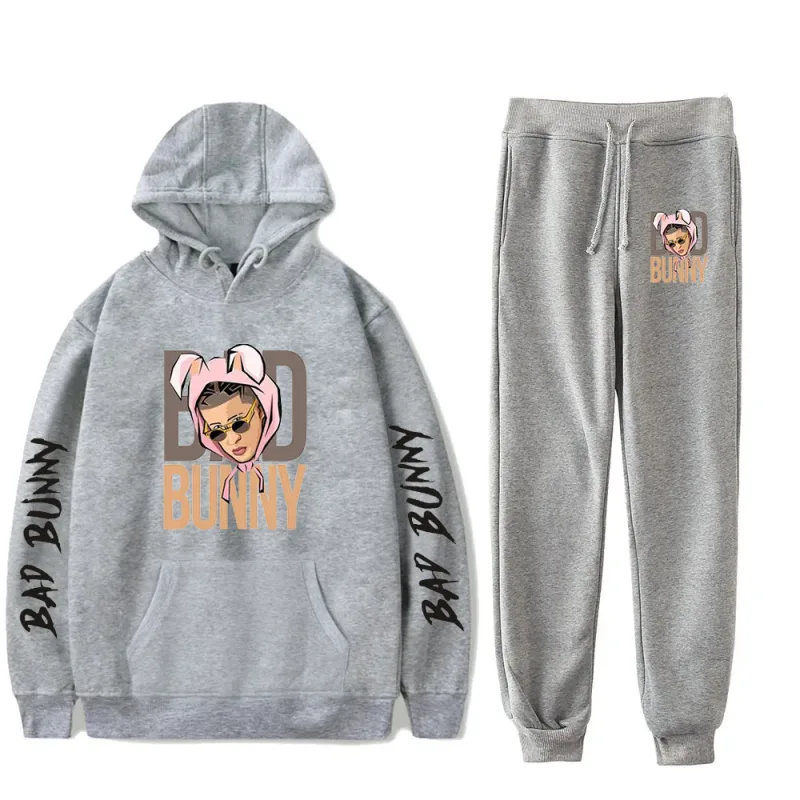 Harajuku Comfortable Funny bad bunny Print Sweatshirt Sweatpants Suit Men/Women Hoodies+ Trousers Suit Cute 2 Piece Set Clothes