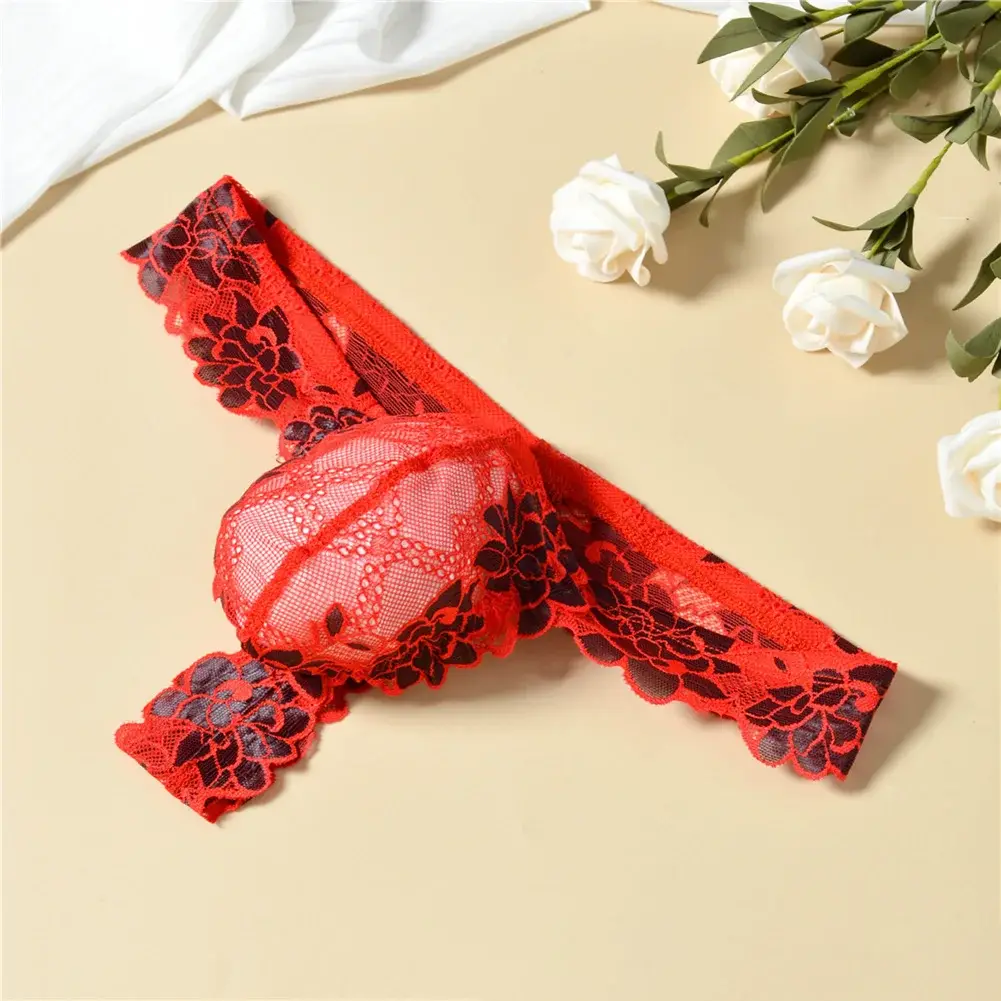 Men Floral Lace Thong Low Rise Elastic Waist G‑String Breathable See‑Through Floral Print Male Underwear Sexy Lingerie Panties