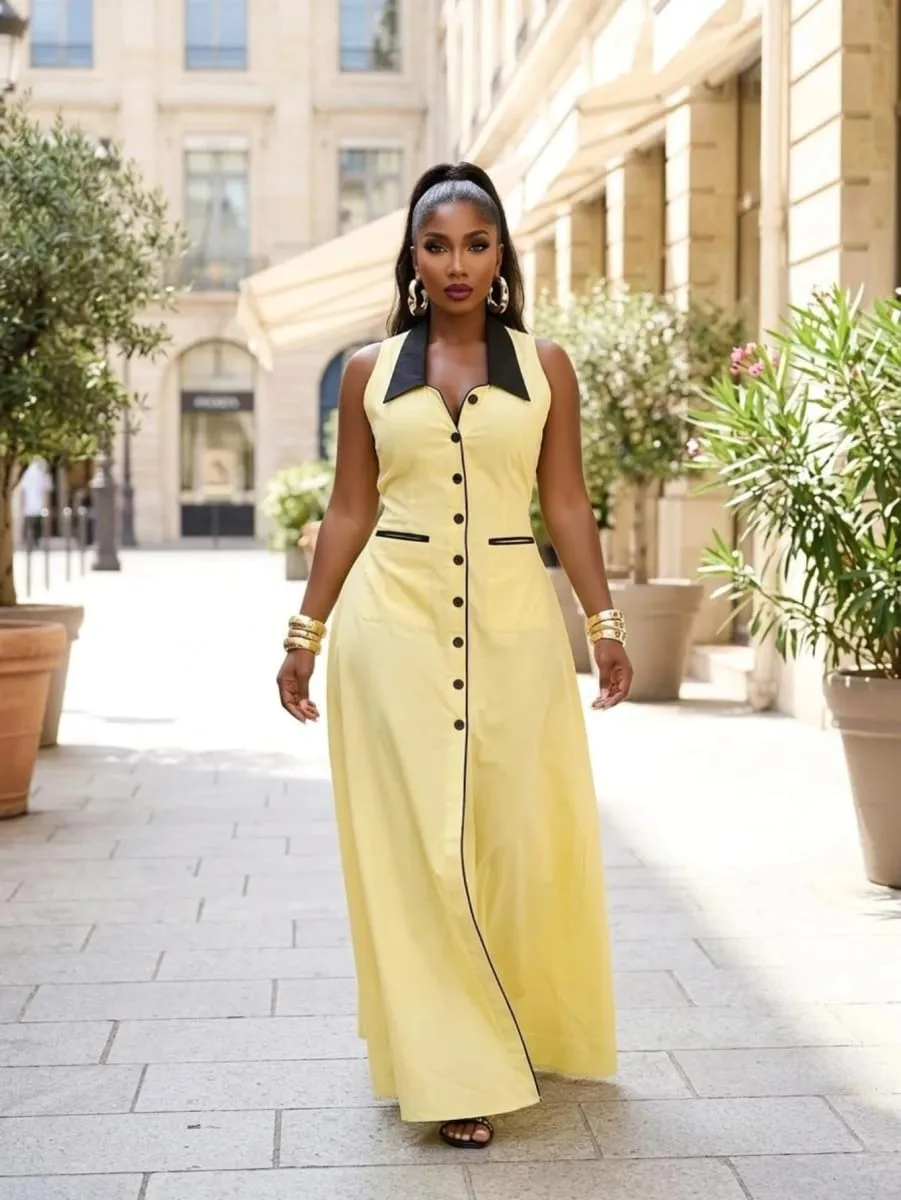 Women Sleeveless Contrast Lapel Button‑Front Split Maxi Dress With Pockets Daily Commute Street Casual Long Dress