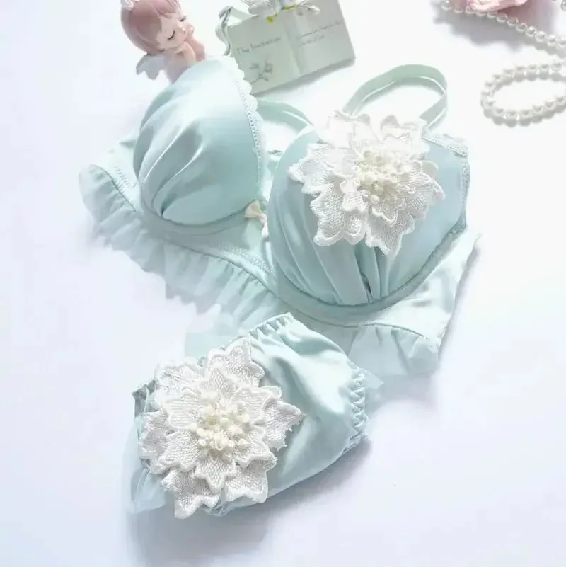 Sweet Floral Embroidered Push Up Bra Set for Women Large Size A-E Cup Fresh Thin Underwear & Panty Lingerie — image 6