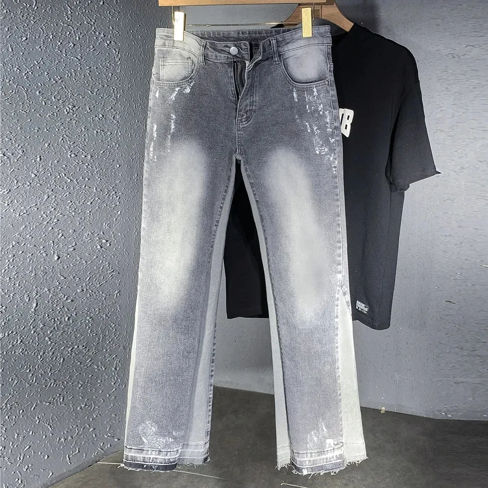 Men Painted Flared Denim Jeans Spliced Slim Boot Cut Pants Vintage Grey Cotton Released Hem Trousers — image 3