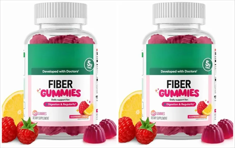 Fiber Gummies Digestive Health Regularity Raspberry Lemon Flavor No Sugar Added Vegan Chicory Root Prebiotic 60CT Adults