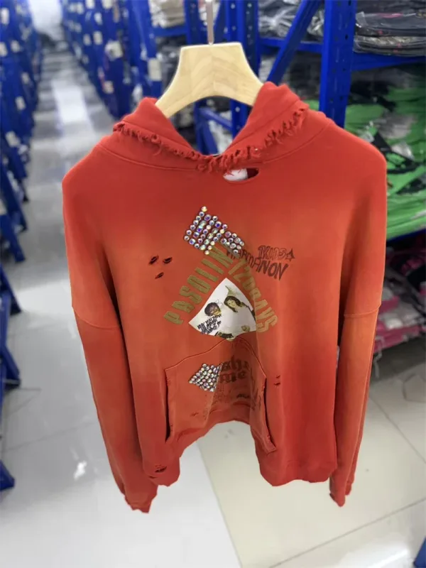 Autumn Winter New PH Hand-beading Print Vintage Washed High Street Casual Loose Cotton Versatile Hoodie Trendy Sports Top Men