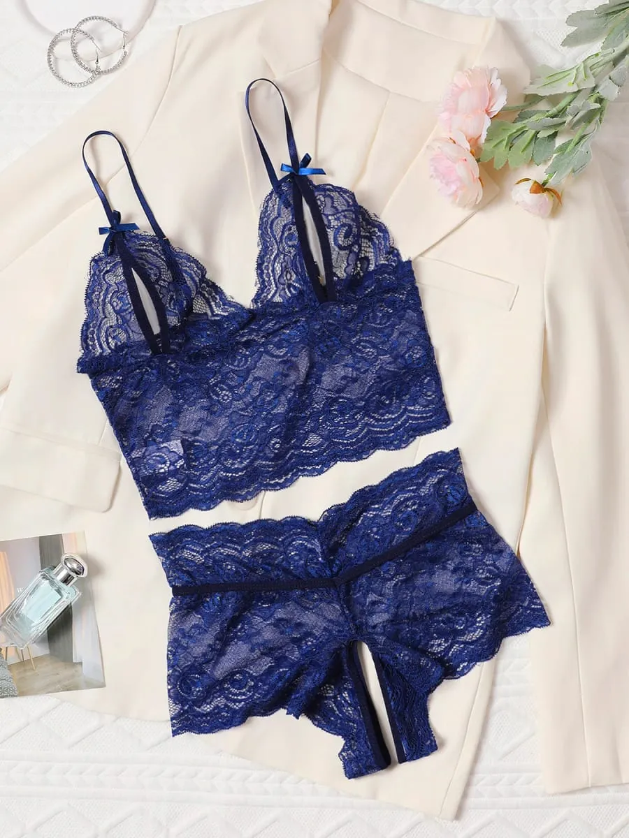 Open Bra 2 Pcs Women Lace See-Through Pajama Black Cute Clothes Comfortable Breathable Suspender Shorts Bra And Brief Set Hollow