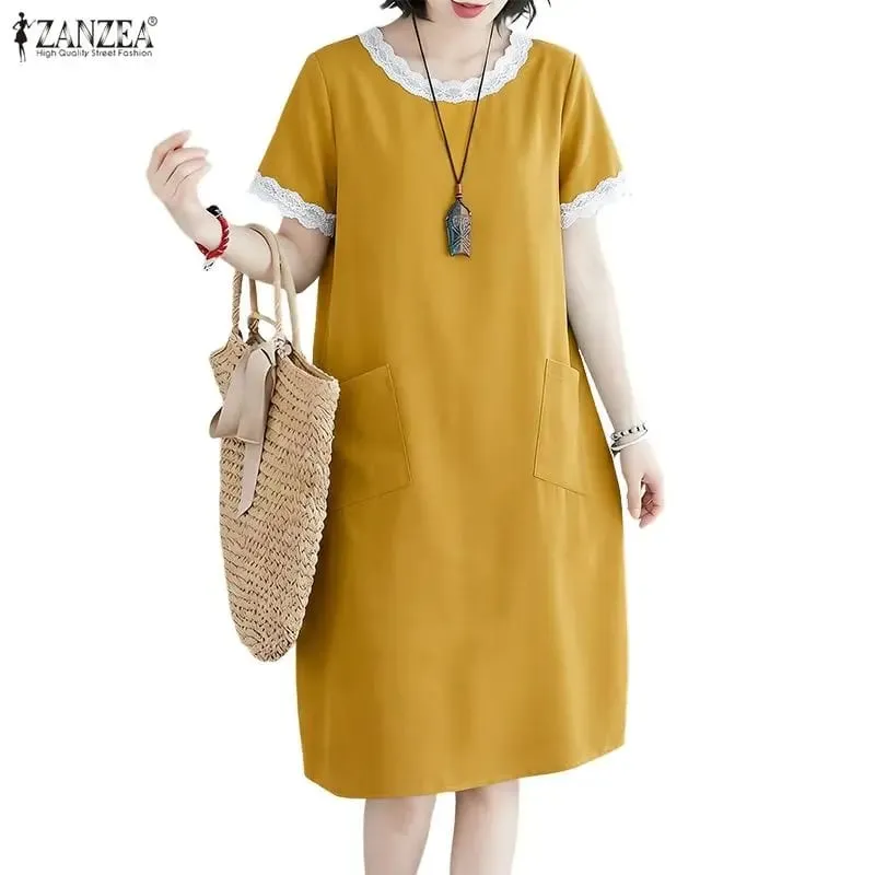 Women Summer Loose Knee-Length Dress Lace Patchwork O-Neck Short Sleeve Pockets Solid Color Dresses ZANZEA Everyday Wear Robes