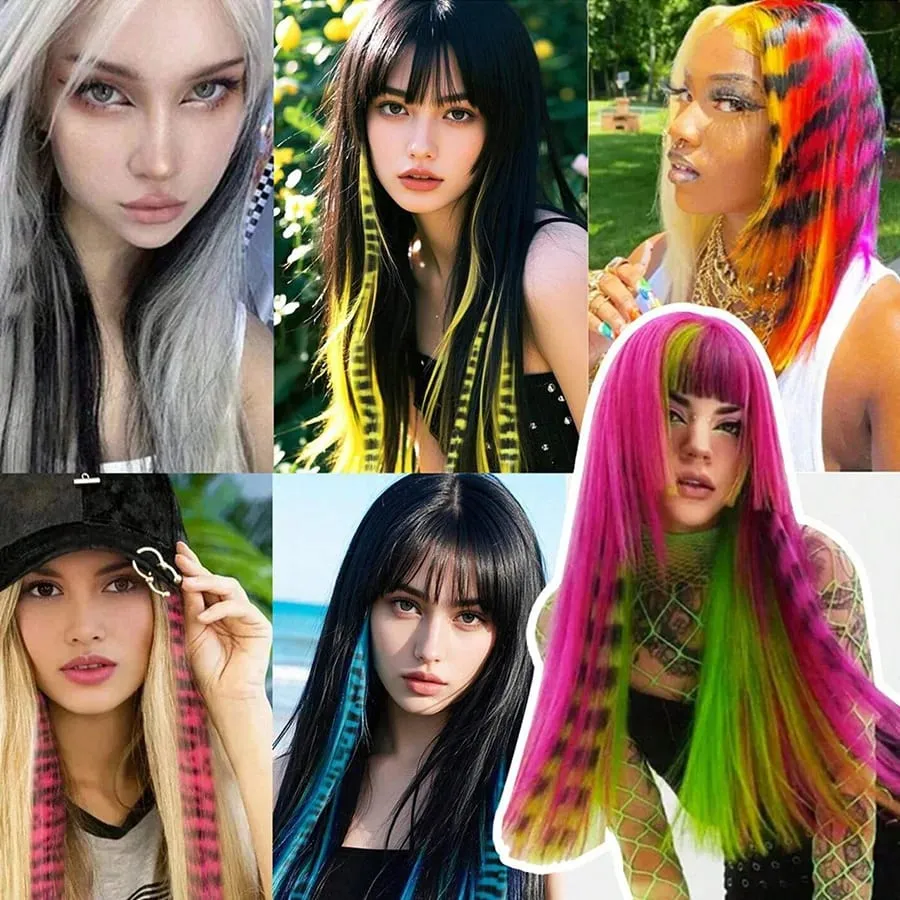 Stripe Printed Clip in Hair Extensions Colorful Synthetic Hair Highlights 18 Inches Straight Wig Hairpieces for Daily Use Party