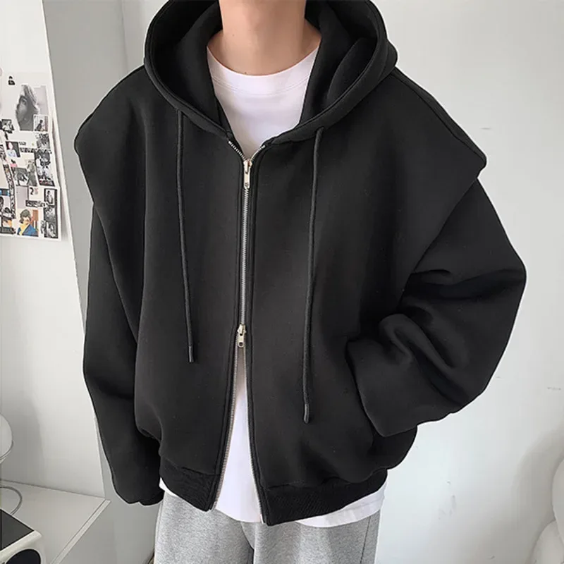 Autumn New Padded Shoulder Design Solid Streetwear Men Double Zip-up Hooded Sweatshirts Harajuku Casual Daily Hoodies — image 7