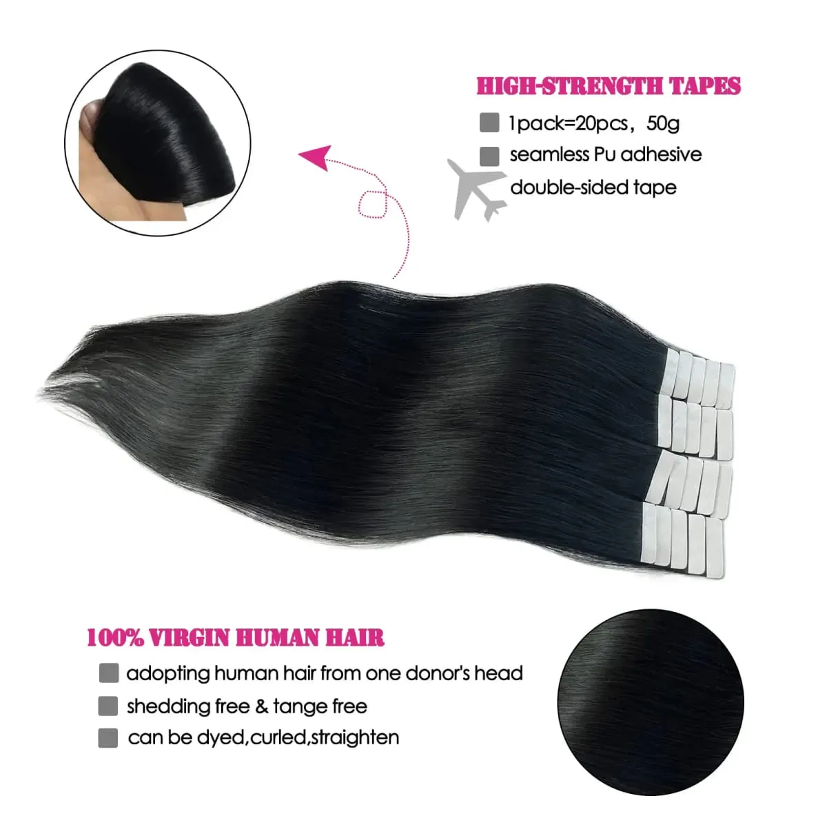 Tape In Hair Extensions Human Hair Natural Black Real Human Hair 20Pcs 50G/Pack Straight Seamless Skin Weft Tape Hair Extensions — image 6