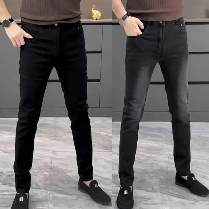 High-end Jeans Men's Spring and Summer Versatile Slim Pants Black Trendy Brand Business Trousers Men Clothing Low Rise Jeans