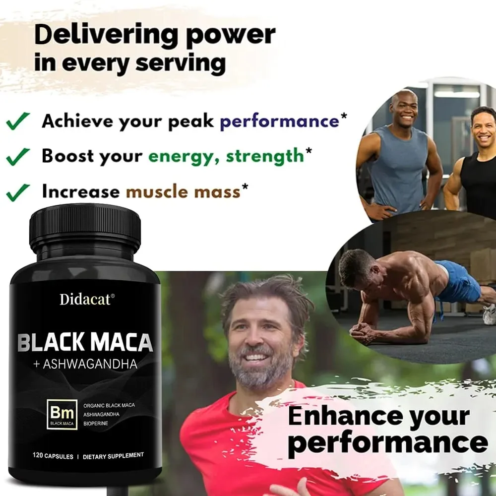 Organic Black Maca + Ashwagandha - High-concentration Black Maca Capsules for Men Supporting Strength Endurance and Vitality