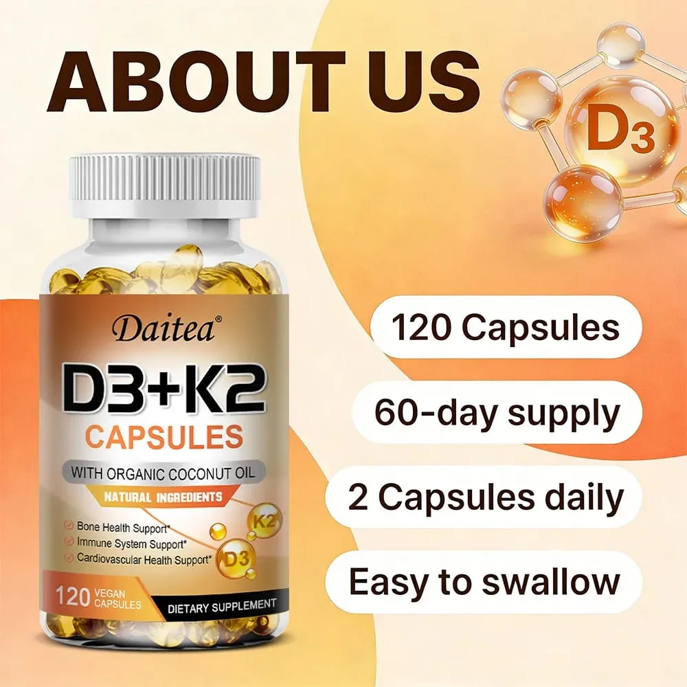 Vitamin D3 K2 Capsule - 5000 IU Vitamin D3 Promotes Strong Bones Calcium Absorption Teeth Heart Cardiovascular Health