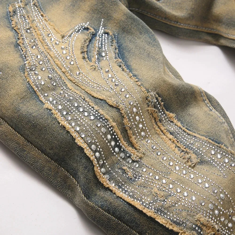 Men's Crystal Patch Denim Jeans Streetwear Rhinestone Boot Cut Pants Vintage Retro Blue Slim Flared Trousers