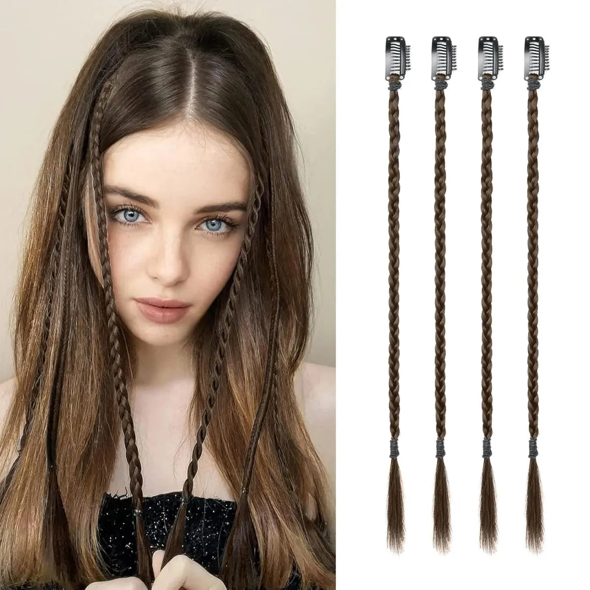 4pcs Synthetic Box Braids Clip In Hair Extensions K-POP Long Hair Braid Extensions For Party Use Y2K Hair Accessories