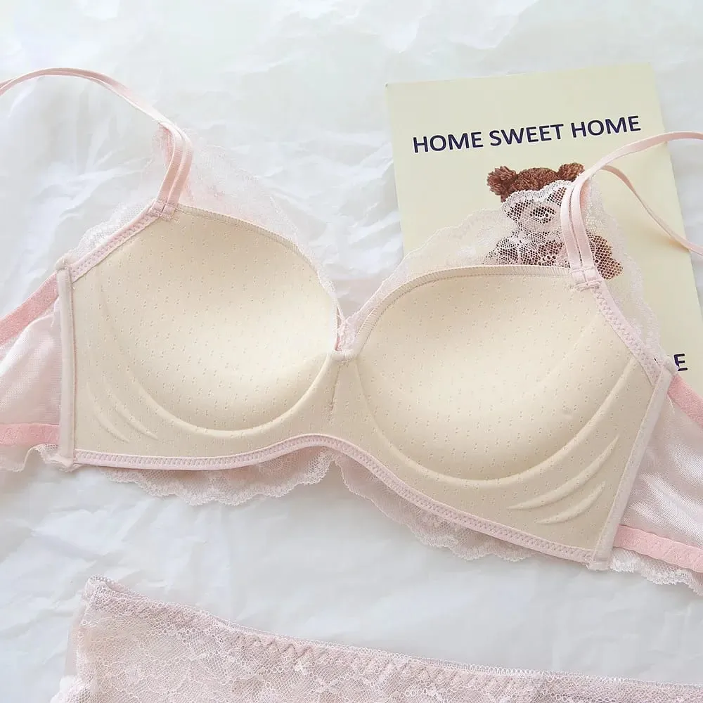 Sweet Sheer Lace Lingerie Set Double Straps Wireless Bra for Small Bust Lift & Gather — image 5