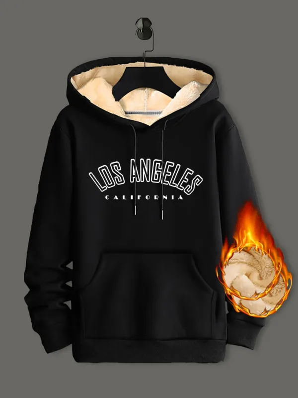 Winter Lambswool Hoodies Thicken Warm Windproof Sweatshirts Print Hooded Pullover Loose Men Women Winter Hoodies Black