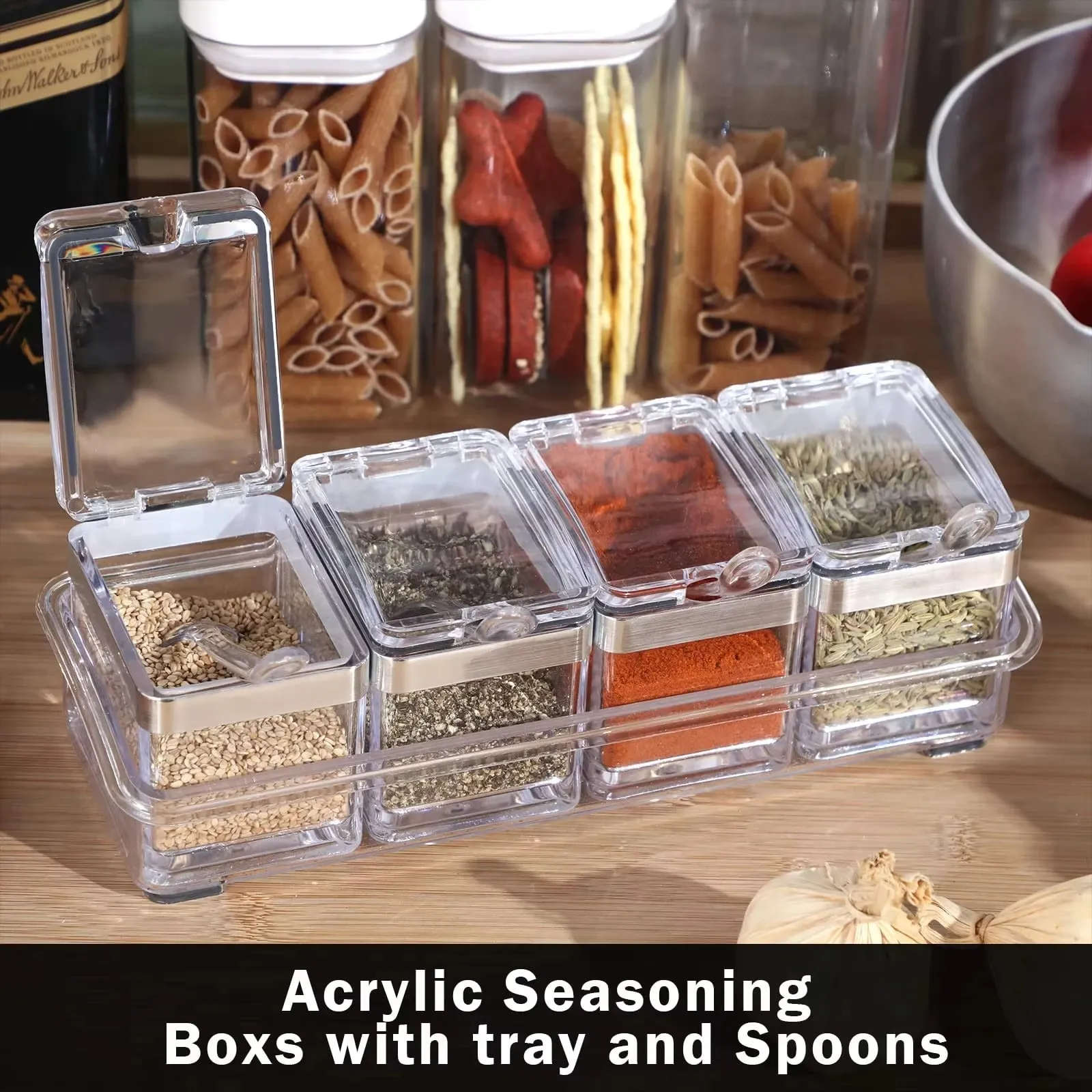 Kitchen Accessories Gourmet Acrylic Seasoning Box with 4 Serving Spoons Spice Jar Set Condiment Cruet Bottle Kitchen Supplies — image 3