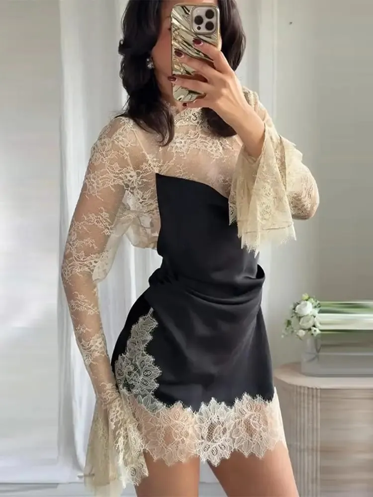 Elegant Satin Floral Lace Patchwork Mini Dress For Women Irregular Hem Long Sleeve Dresses Lady 2026 Chic Evening Party Vestidos