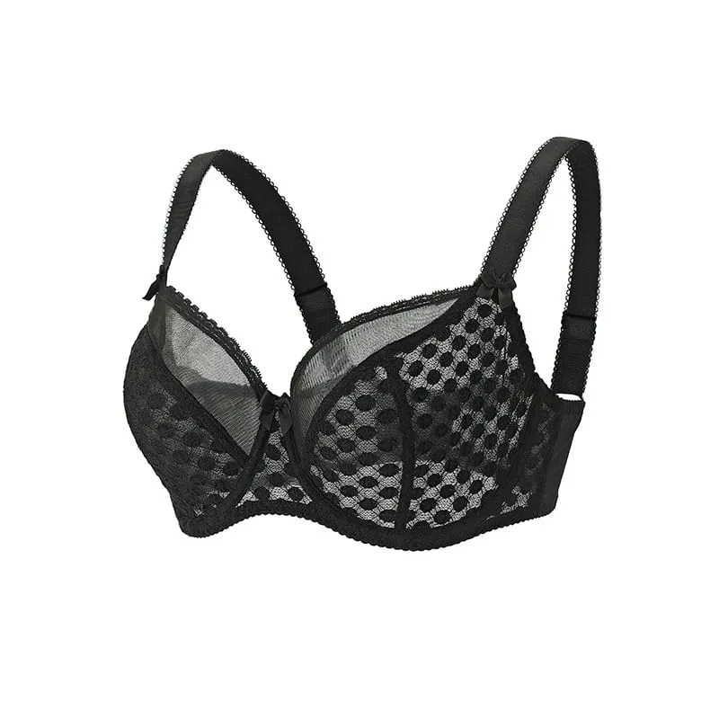 Women Curvy Plus Size Polka Dot Mesh Lace Bra Panty Set Underwire Support Full Figure Big Cup E F G H I Breathable Lingerie 2pcs
