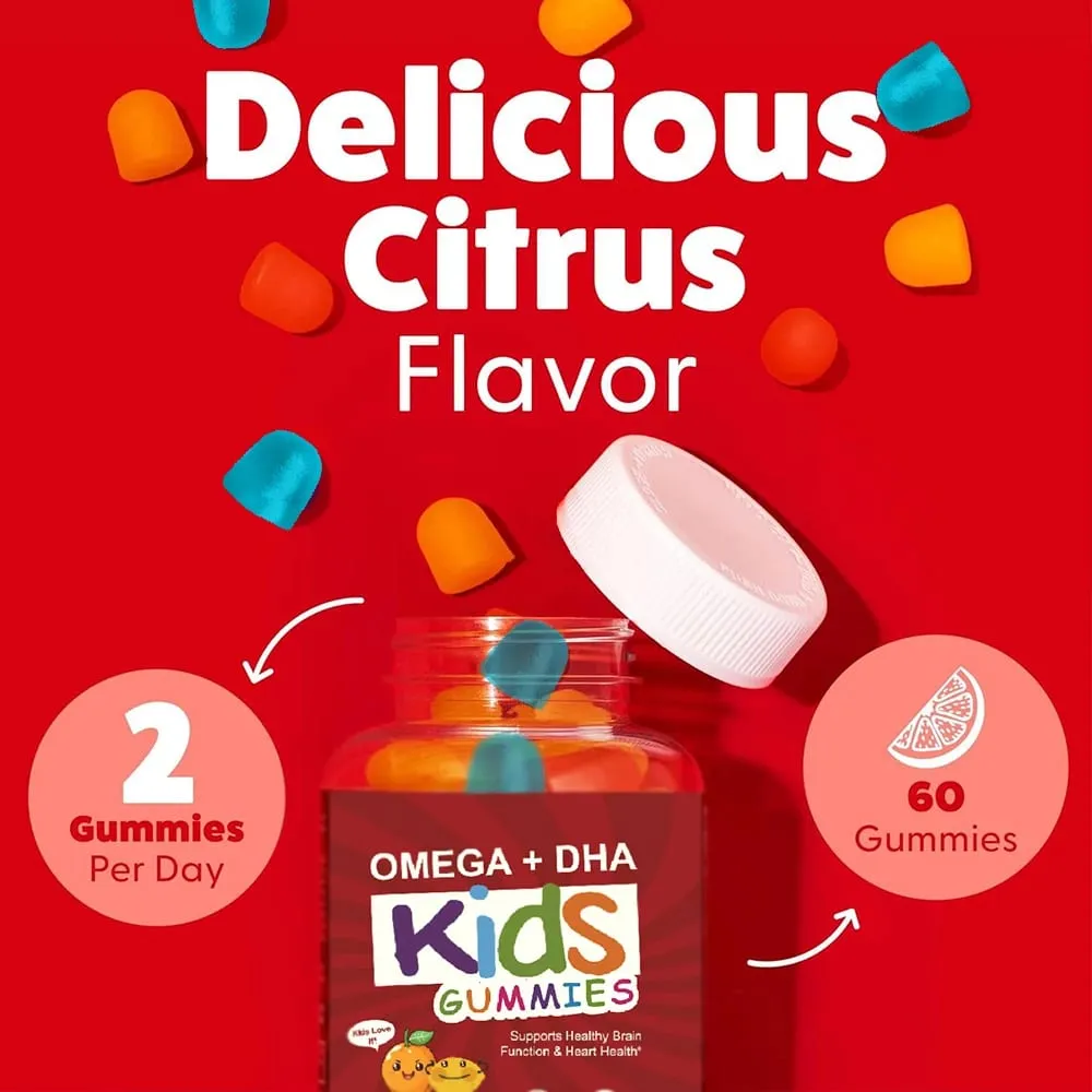 + DHA Gummies for Kids with Omega 3 6 9 + DHA Vitamin C - Healthy Brain Function Vision & Heart Health Vegetarian