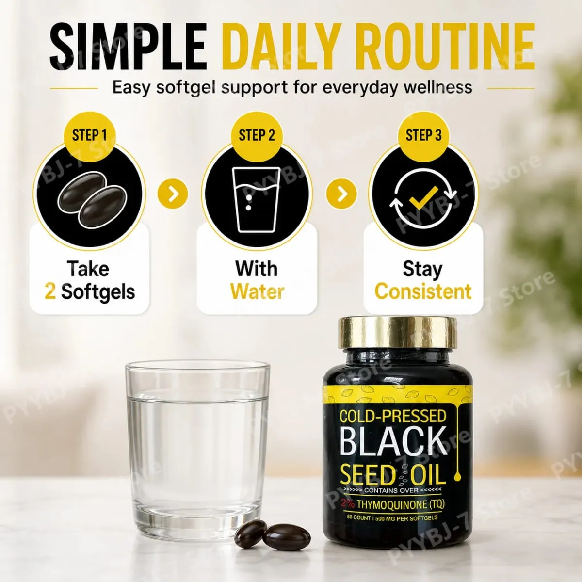 Black Seed Oil Capsules Cold Pressed Contain 1000mg Natural Nigella Sativa Oil – Daily Herbal Supplement 60 Count Per Bottle