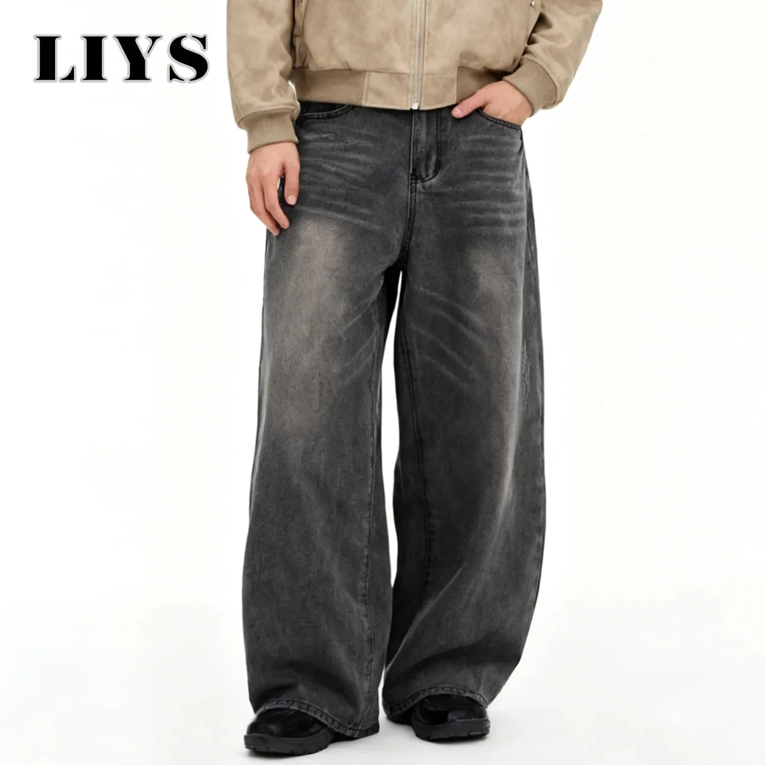 Men's American Retro Gray Baggy Wide Leg Jeans Daily Business Casual Loose Straight Leg Denim Pants Four Seasons Men's Clothes