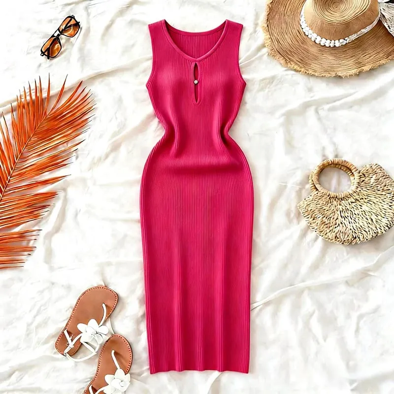 Women's Solid Summer Blue Pink Midi Dress Sleeveless Stretchy Knit Ribbed Keyhole Cutout Bodycon Sundress Party Vacation Dress