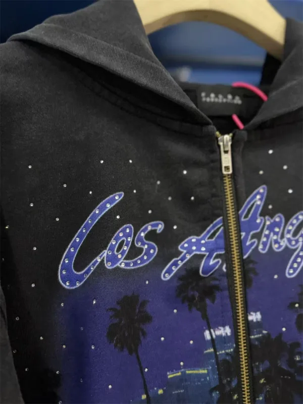 False Rhinestone Starry Sky Pattern Print Washed Zipper Loose Hoodie Street Casual Cotton Versatile Sports Trendy Sweatshirt