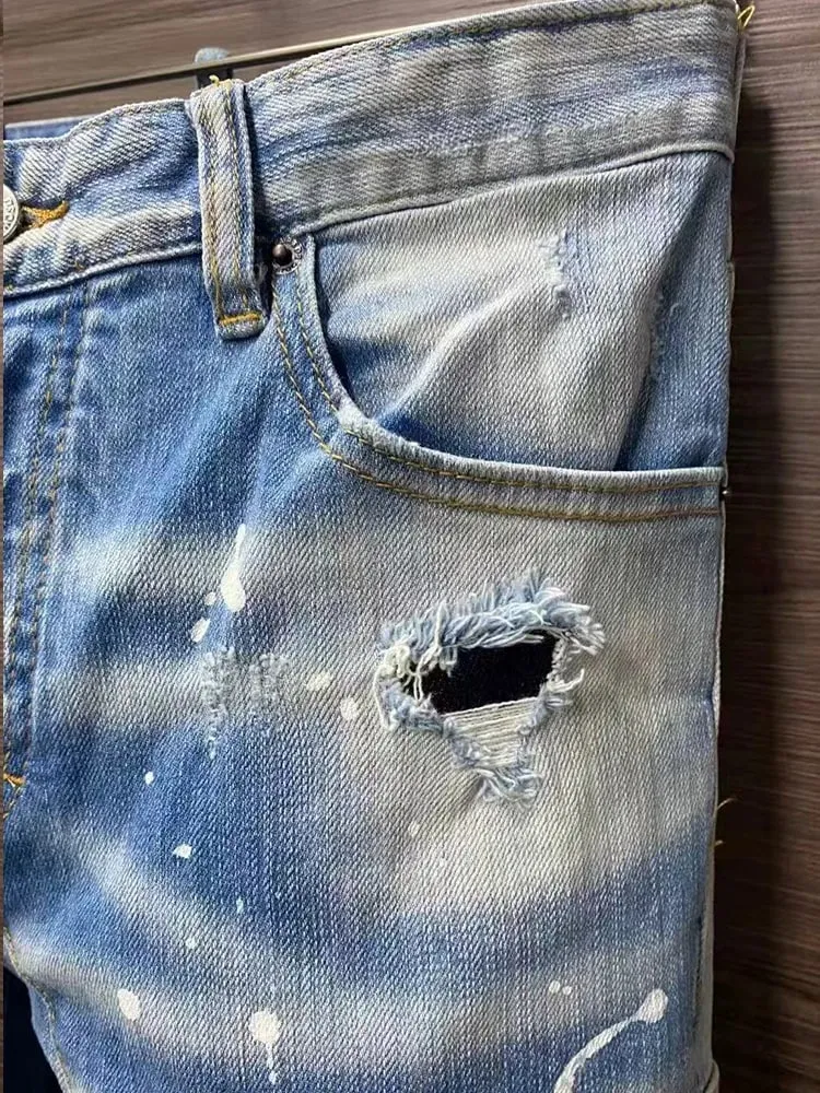New Men's Ripped Jeans Distressed Elastic Slim Pencil Fit Denim Pants Paint Splatter Streetwear Y2K High Street Biker Trousers — image 5