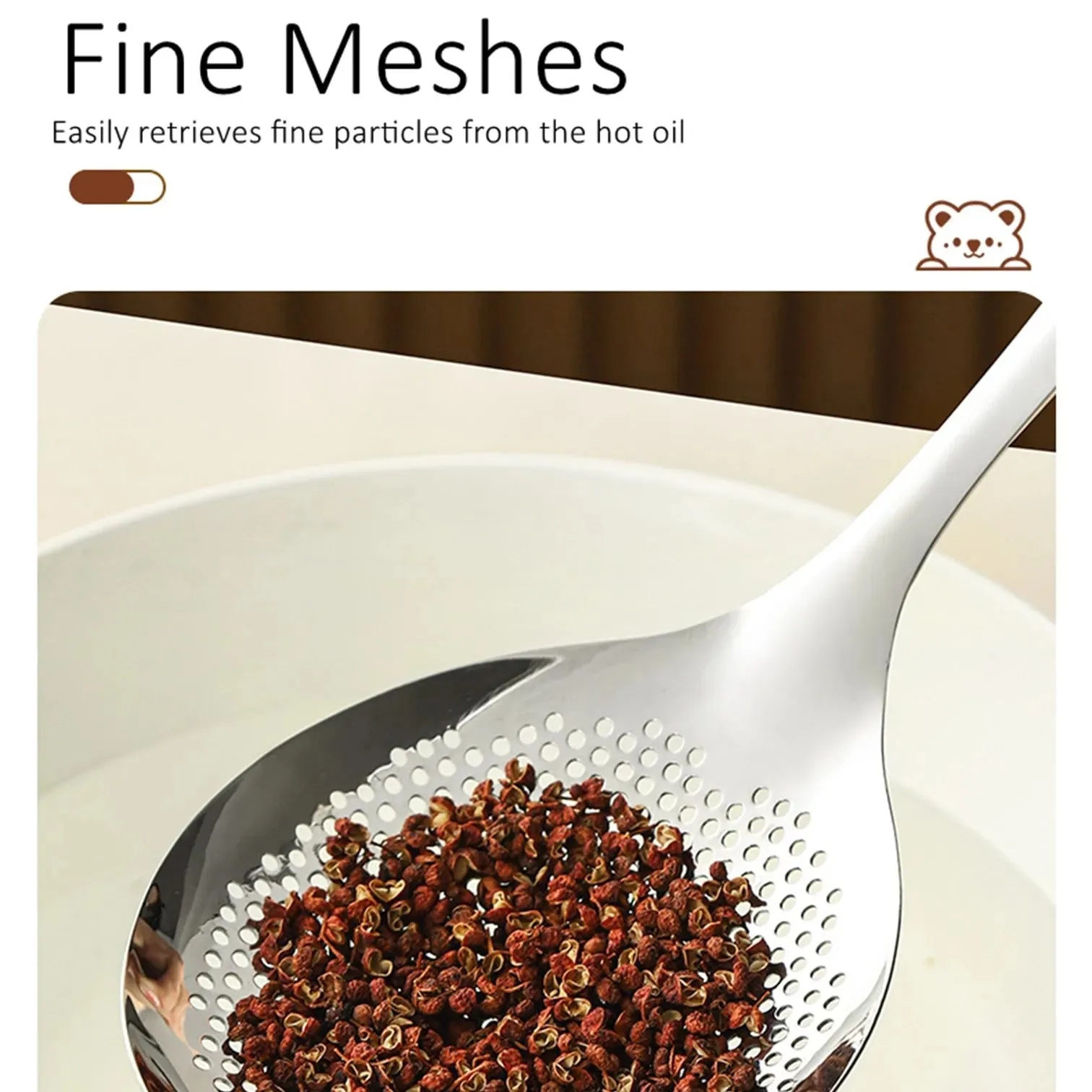 LFGB Certified Pure 304 Stainless Steel Kitchen Cooking Colander Ultra Thick 33cm Handle 12.5cm Head Sieve for Potato Frying