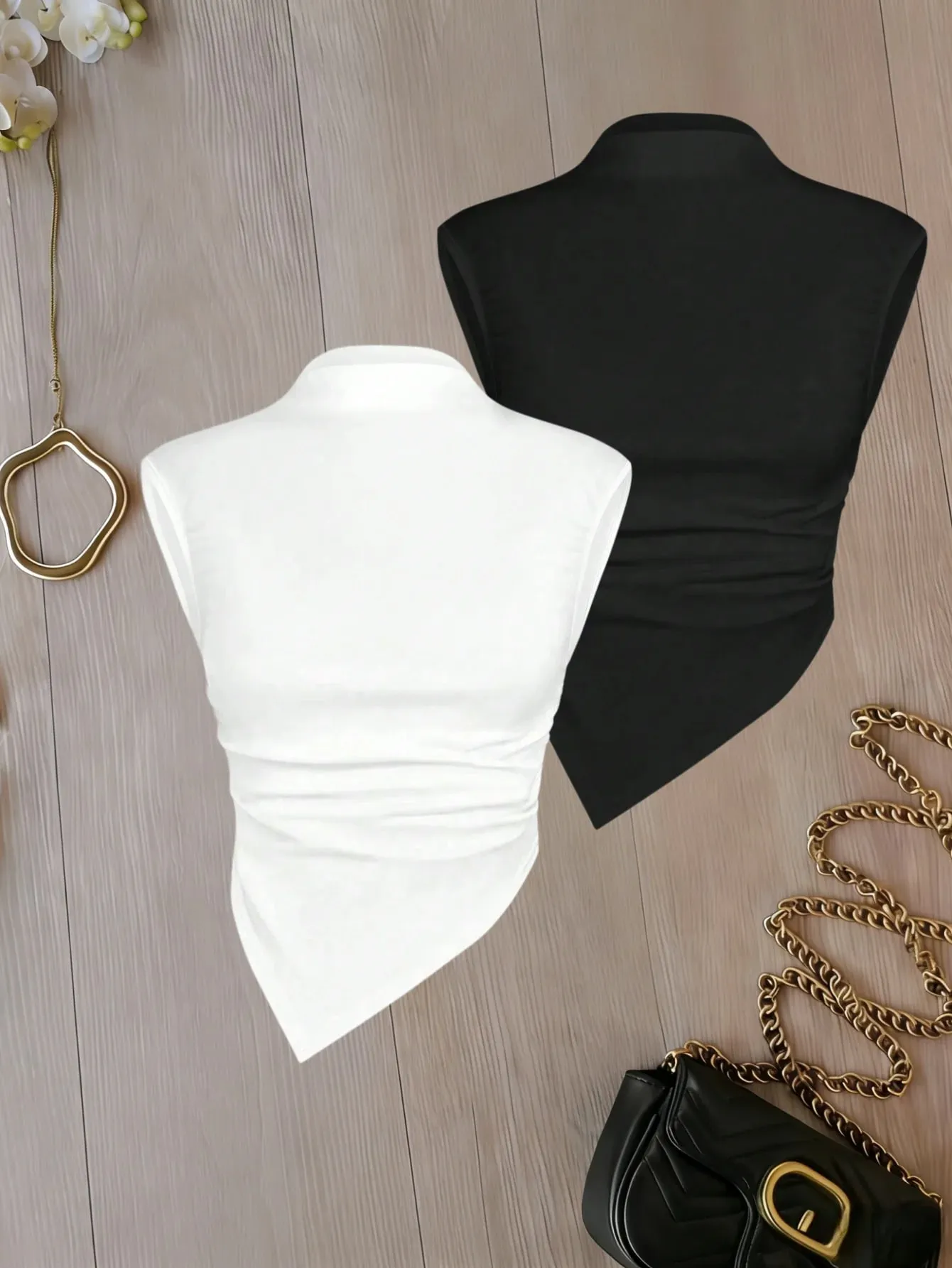 Women Mock Neck Sleeveless Ruched Asymmetrical Hem Crop Top 2 Pack Solid Color Cami Top Set