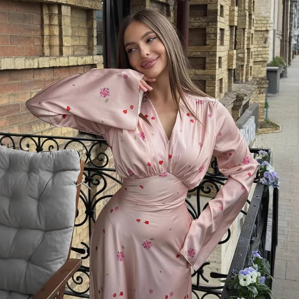 2025 Autumn Elegant Printed Satin Long Dress Women Slim Lace Up V-neck Full Sleeve Pleat Dresses Lady Party Evening Robes New