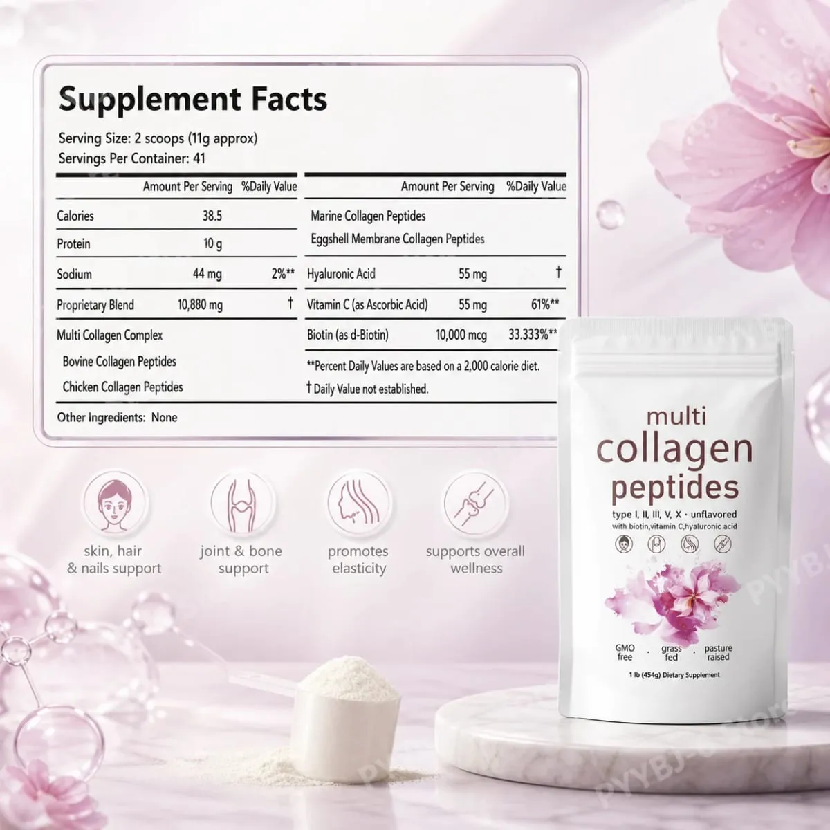 Serbuk Peptida Multi Kolagen 454g Campuran Kolagen Tanpa Perisa dengan Vitamin C Biotin Asid Hyaluronik Kulit Sokongan Kuku Rambut