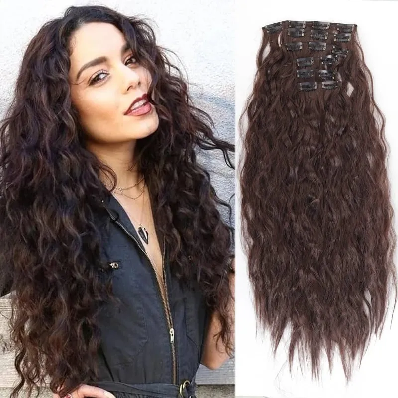 6PCS Clip In Hair Extensions 24" Black Brown Hair Extension Long Mermaid Waves Synthetic Clip On Hairpiece For Women