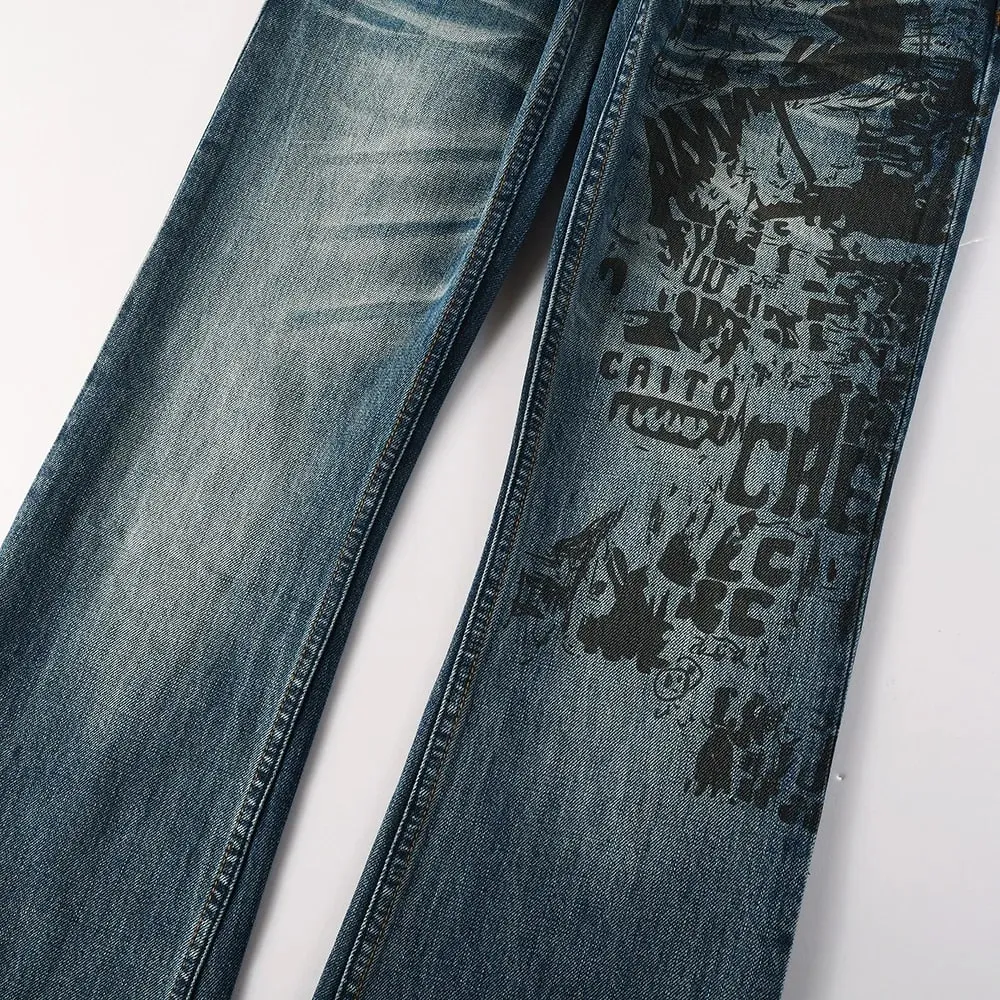 Men's Boot Cut Denim Jeans Slim Flared Pants Blue Stretch Long Trousers High-Quality Pattern Print