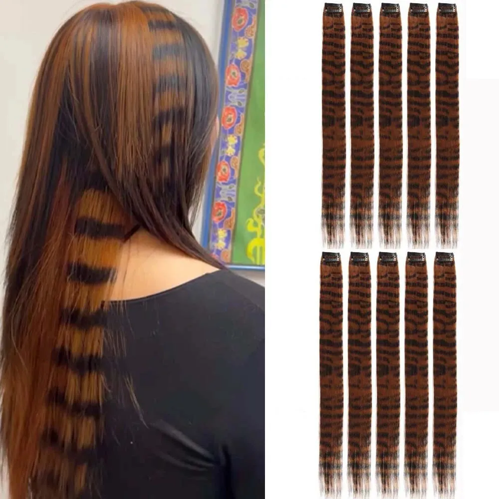 10pcs/set Stripe Printed Hair Colorful Long Straight Hair Pieces Synthetic Clip-in Hair Extensions for Daily Use Party Christmas