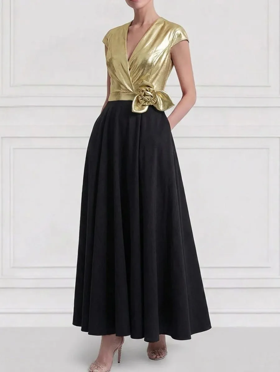 Women's Cap Sleeve V Neck Wrap Maxi Dress Contrast Splicing Floral Applique Detail A Line Pleated Long Dress Elegant Formal Evening Outfit