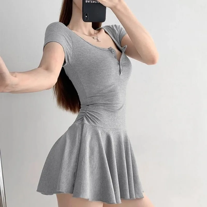 Women's Sexy Gray U-Neck Button Short Sleeve Dress Waist Cinched Sporty A-Line Mini Skirt Flare Age-Reducing Stylish Dress