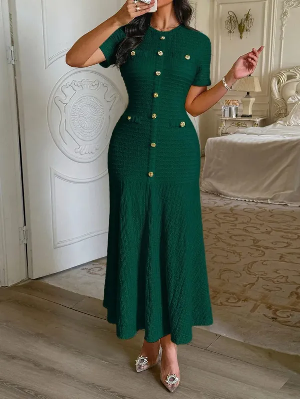 Women's Solid Color Midi Dress Short Sleeve Gold Button Decorated Fitted Flared Hem Gown Elegant Retro Outfit Dating & Parties — image 14