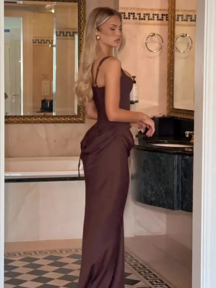 Lady Elegant Pleated Sling Dresses Solid Square Neck Sleeveless Off-shoulder Waist Cinching Dress Fashion Evening Party Gowns
