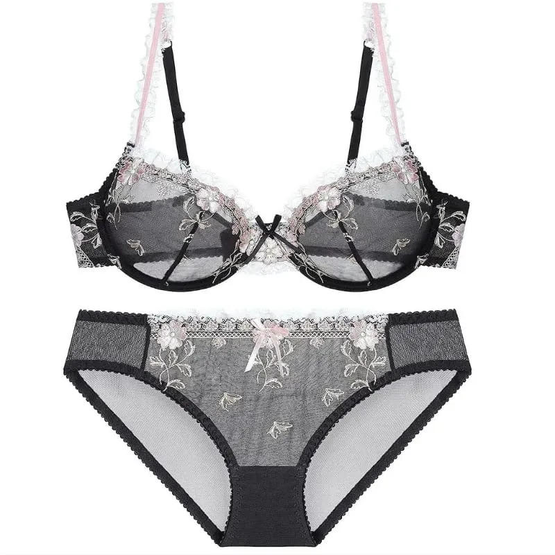 Women White French Lace Underwear Set Floral Embroidery Mesh Push‑Up Bra Kit Plus Size Soft Comfort Intimate Outfit