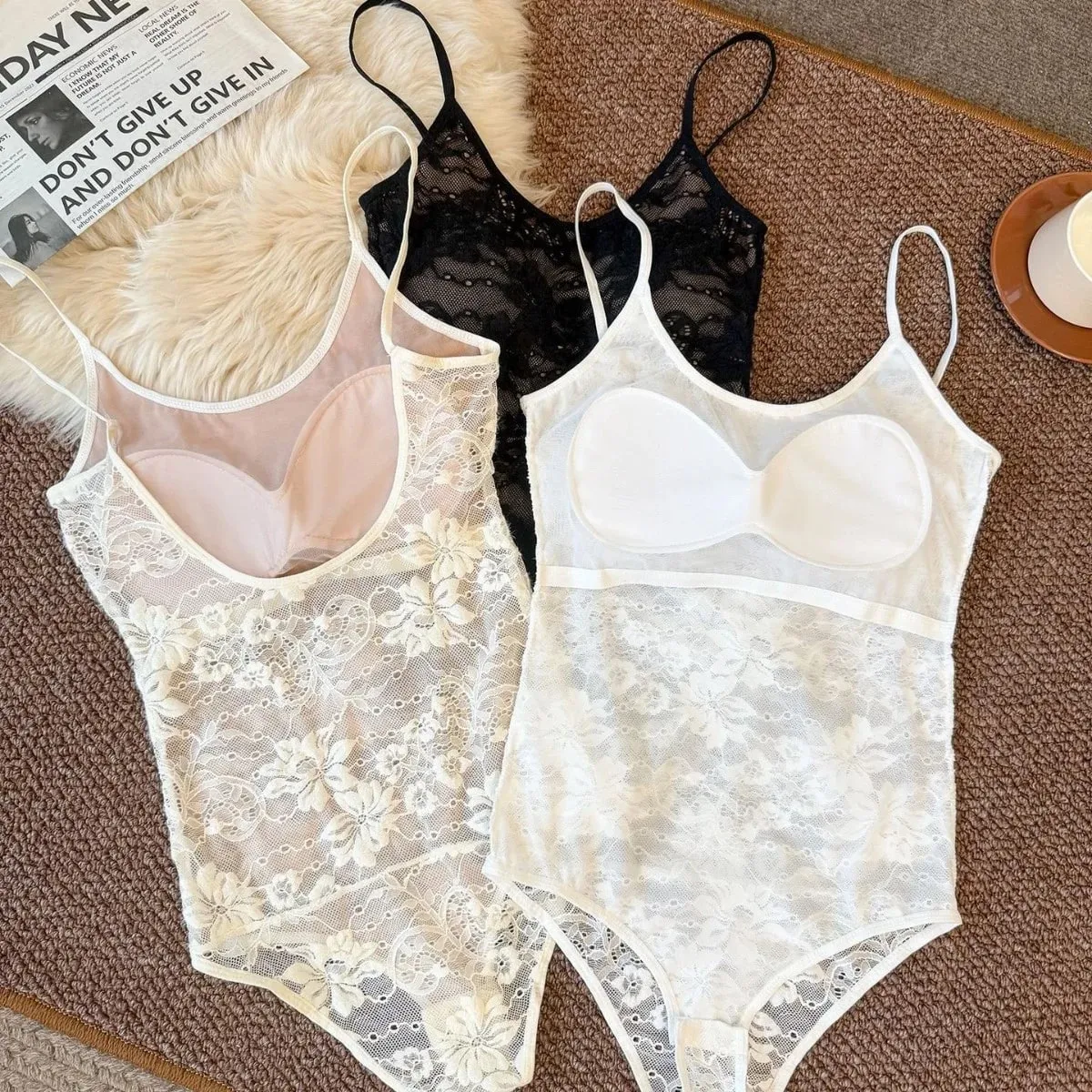 Sexy See Through Lace With Lining Elastic Spaghetti Strap Bodysuit Woman Sling Tight Short Jumpsuit Slim Fit Rompers Playsuits