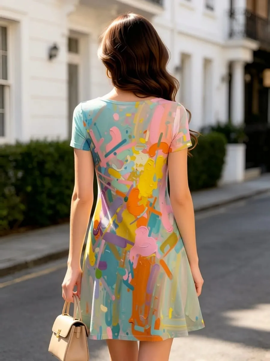 Floral Print Womens V Neck Short Sleeve A Line Dress Relaxed Summer Everyday Dress for Everyday Wear Holidays Travel and Parties