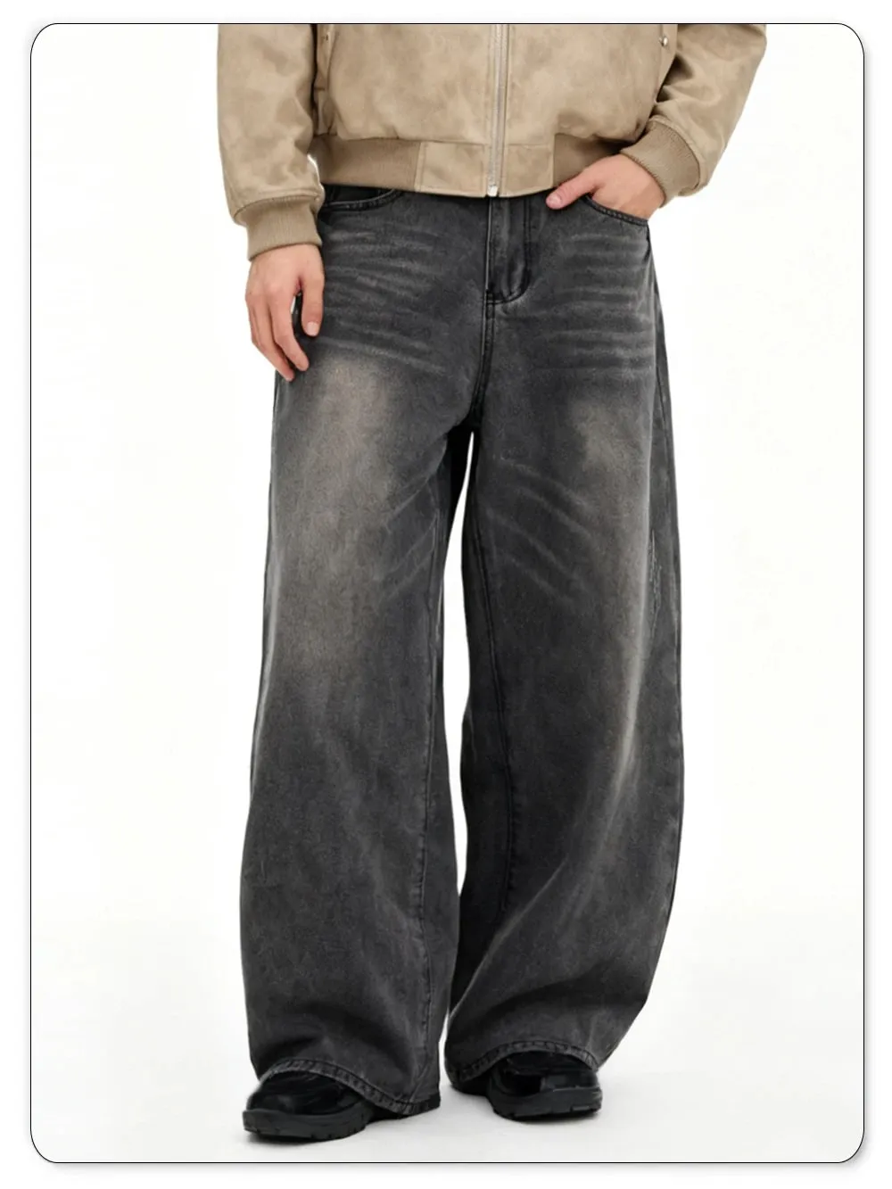 Men's American Retro Gray Baggy Wide Leg Jeans Daily Business Casual Loose Straight Leg Denim Pants Four Seasons Men's Clothes
