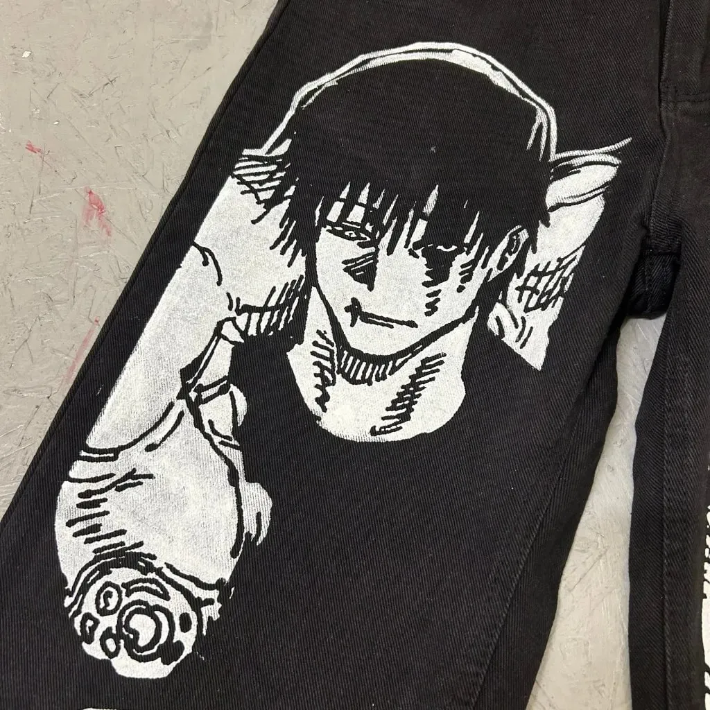 Harajuku anime characters printing jean new wide leg denim pants y2k mens jeans streetwear style couples trouser black jeans