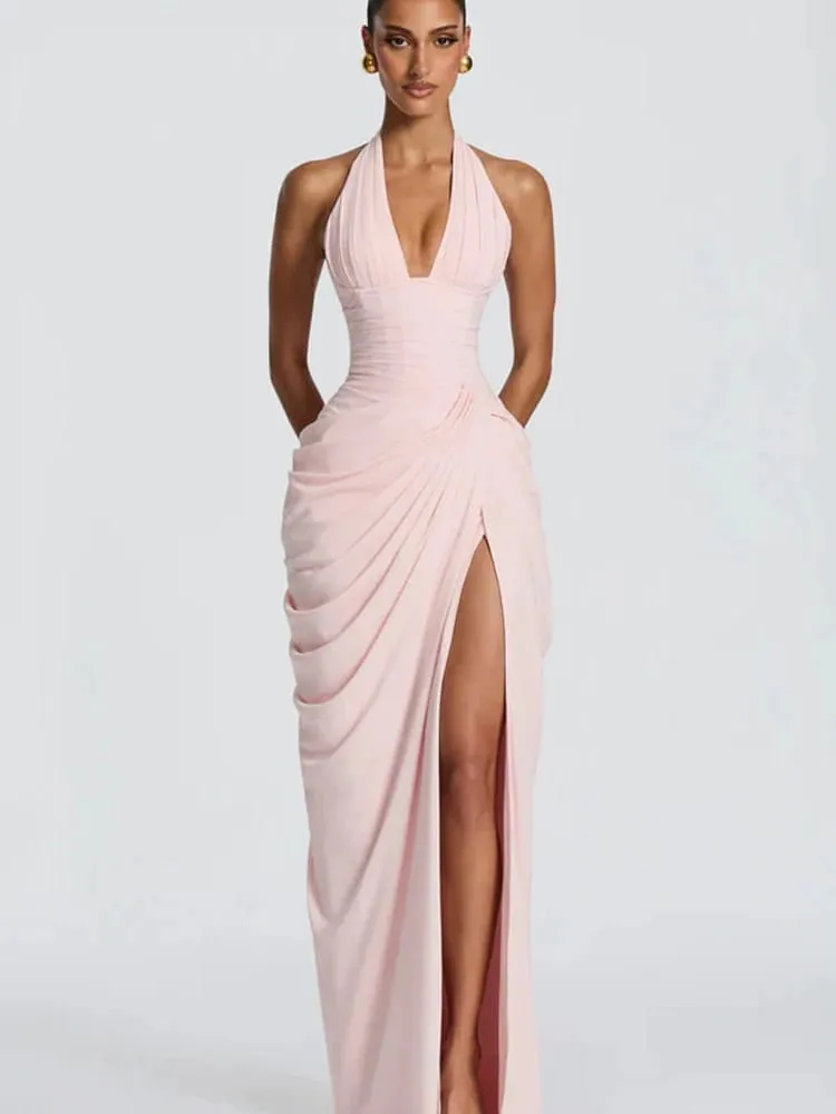 Sexy Solid Pleated Halter Dress Women Fashion Sleeveless Backless Waist-cinching Split Maxi Dresses 2026 Summer Lady Party Gowns