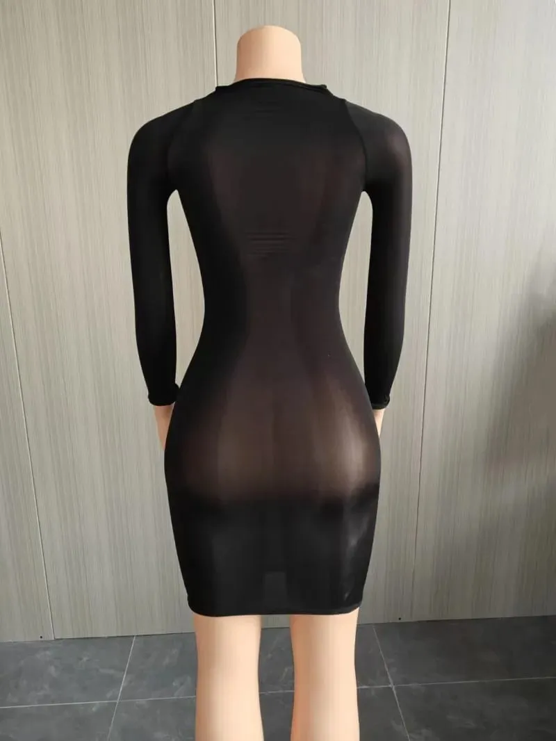 Oil Shiny Seamless Body Stockings Bodycon Mini Dress Women See Through O Neck Long Sleeve High Stretch Silky Glossy Clubwear