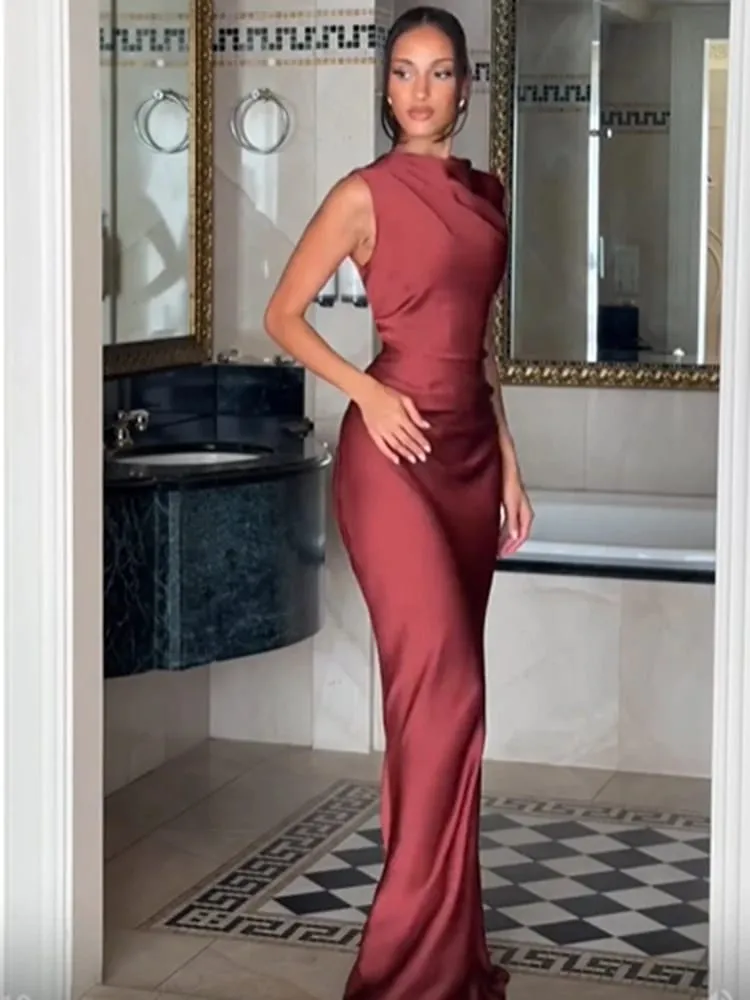 Ruched Waist Satin Long Dress Solid Bodycon Sleeveless Cowl Neck Fishtail Women Dresses 2026 Summer Lady Formal Evening Gowns
